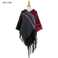 Women's knit poncho cape with burgundy and grey striped pattern and long tassels - Black Red (QPJ4-08#)