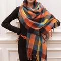 Plaid oversized scarf featuring vibrant orange, yellow and blue blocks with fringe trim - Multicolor Plaid