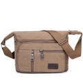 Khaki canvas crossbody tool bag with multiple zip pockets and adjustable strap - Coffee
