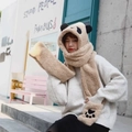 Set de invierno 3 en 1 de felpa beige con capucha de panda, bufanda y guantes de bolsillo - Panda Beige