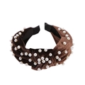 Vintage brown velvet knotted headband decorated with white pearls on a white background - Dark Coffee