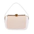White leather shoulder bag with beige woven panel and gold shell clasp detail - White