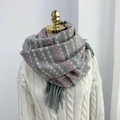 Houndstooth check scarf in grey with pink and yellow fringe accents for winter warmth - Gray