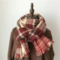 Plaid knitted scarf in red, black and beige with fringe on a wooden mannequin - Double Sided Red Rice