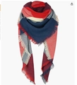 Thick cashmere-like plaid scarf in red, blue and beige tones with soft fringe edges - A197 Red Blue Beige Grey Plaid