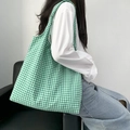 Green checkered canvas tote bag shown on model for size and drape perspective - Green Gingham Double-layer Vest Style