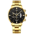 Men's business quartz watch with gold steel strap and black three-eye calendar dial - Gold Case Black Dial Gold Accents