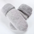 Grey thick wool knitted mittens for women with soft double-layer plush fleece lining - Light Gray