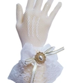 Elegant white lace Lolita bridal gloves with ribbon bow and pearl rhinestone brooch detail - White Mesh Bow Gloves