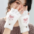 Witte pluche vingerloze handschoenen met roze kattenpootpatroon en metalen knoop - Eén maat / Wit