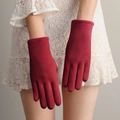 Close-up of wine red velvet winter gloves for women with touch screen fingers - Plain Rabbit Fur Velvet Style / Burgundy