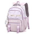 Lightweight purple and white student backpack with cute bear print and plush cat pendant - With Charm / Purple