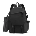 Minimalist black student backpack with detachable side pouch and multiple buckle pockets - Black