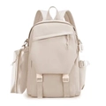 Minimalist beige nylon student backpack set with a side pouch and buckle flap closure - Off White