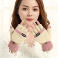Women's knitted convertible flip top gloves in cream and pink with button detail - One Size / Yellow + Dusty Pink