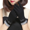 Women's black thermal gloves with bow detail and grey faux fur trim for winter - Black