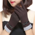 Women's dark brown thermal touchscreen gloves with bow decor and gray plush cuffs - Coffee