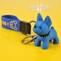 Cute blue French Bulldog keychain with studded collar and matching blue logo strap - Gold Foil Stamping: Royal Blue
