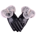 Women's black leather touchscreen gloves with grey faux fur cuffs on white background - One Size / Black (Women Fur Cuff)