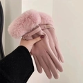 Guantes de invierno rosa con pompones de piel sintética y diseño de pantalla táctil - Talla única / S082 Rosa--Etiqueta de Tela