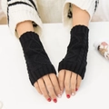 Classic black cable knit fingerless gloves with diamond pattern and cozy warm arm warmers - One Size / Black
