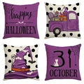Detailed set of four linen Halloween pillow covers featuring purple spooky festive patterns - Halloween Series 4-Piece Set-18
