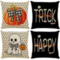 Detailed set of four square Halloween linen pillow covers featuring festive trick or treat patterns - Halloween Series 4-Piece Set-14