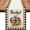 Beige Thanksgiving table runner with plaid pumpkin, sunflower, and Thankful text - 33cm*90cm