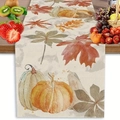 Autumn harvest table runner with watercolor pumpkin and maple leaf patterns on linen - 33cm*90cm