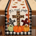 Linen autumn table runner featuring pumpkins, leopard cross, and It's Fall y'all text - 33cm*90cm / Its Fall Yall Plaid Pumpkin Style (19)
