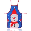 Detail der blauen Weihnachtsschürze mit großem Cartoon-Schneemann und weißen Schneeflocken - 05 Schneemann-Stil