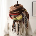 Detail of multi-color plaid scarf with fringes on a mannequin in white coat - Tassel Plaid / Coffee