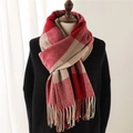 Classic red and beige plaid scarf with tassels made of warm soft knit fabric for winter - Red Beige Plaid