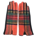 Detail of red and green tartan wool gloves with black palm fabric for winter warmth - One Size / Orange