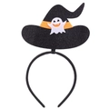 Detail of Halloween headband featuring black sequin wizard hat with ghost and orange band - 33# Witch Hat