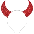 Close-up of red sequined devil horns on a silver metal headband for Halloween party - 55# Glitter Red Horn