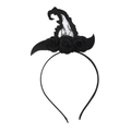 Detail of Halloween black wizard hat headband with lace veil and three cloth roses - Witch Hat Style B (With Flower)