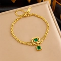 Elegant gold-plated double-layer bracelet featuring square green gemstone pendants - Double Layer Square Bracelet (B1349)