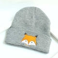 Detailed view of grey knitted beanie featuring orange fox embroidery for children - One Size / Light Gray