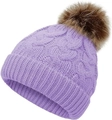 Detail of purple cable knit beanie featuring thick texture and a soft faux fur pompom - Light Purple
