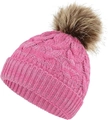 Close-up of pink knit baby beanie with cable stitch pattern and large faux fur pom-pom - Marl Pink