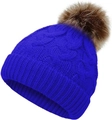 Royal blue cable knit winter beanie for babies with a brown faux fur pom-pom detail - Blue