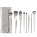Detailed view of 8 professional makeup brushes with a silver pebble leather folding pouch - Frost Silver-Silver Bag