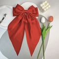 Red satin bow hair clip with elegant long ribbons and silver metal spring fastener - Red