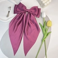 Elegant deep purple satin hair bow clip with long ribbons and metal spring fastener - Fuschia
