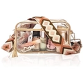 Detail of transparent PVC crossbody bag with ethnic pattern strap and leather tassels - Gold Border Brown Geometric Strap / Khaki