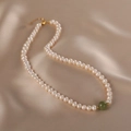 Minimalist freshwater pearl necklace with a green gemstone on champagne silk - White Pearl Green Jade Gold Buckle Style (I-c-025)