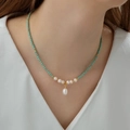 Minimalist freshwater pearl and turquoise bead necklace with a golden teardrop pendant - Turquoise Pearl Teardrop Necklace (W-c-004)