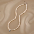 Rice freshwater pearl necklace with silver crystal heart pendant on beige silk - White Pearl Silver Heart Pendant Elegant Style (J-f-001)
