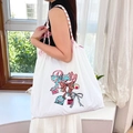 White drawstring tote bag with colorful embroidery and woven handles for women - White (Bowknot Omamori)